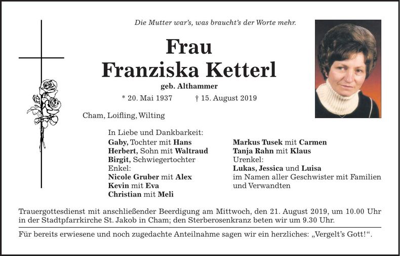 Traueranzeige Franziska Ketterl