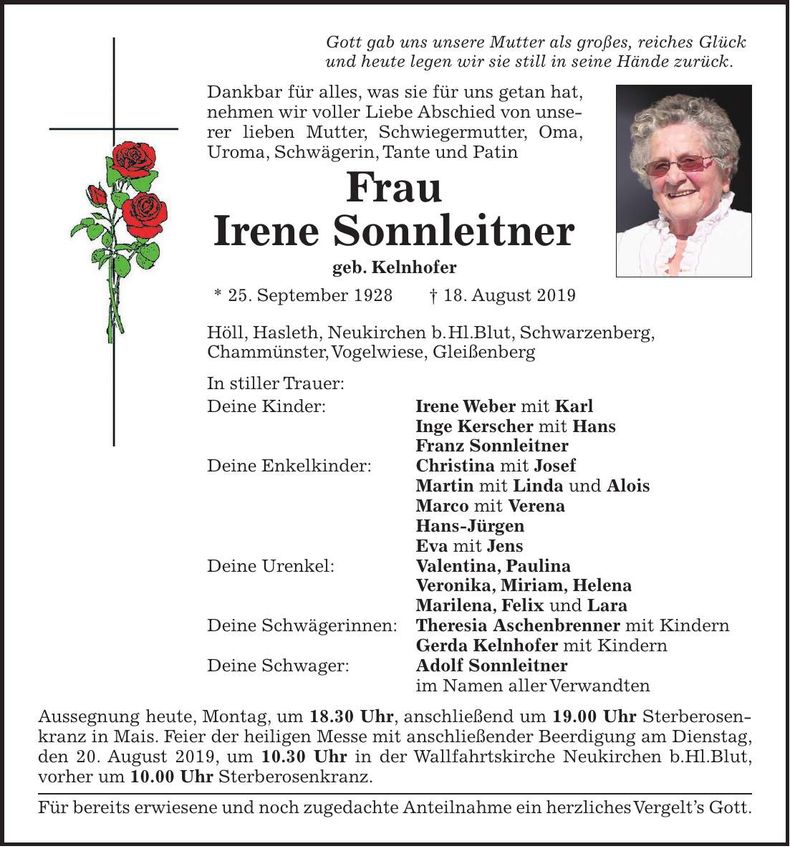 Traueranzeige Irene Sonnleitner