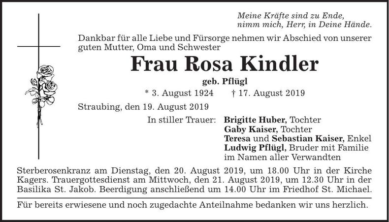 Traueranzeige Rosa Kindler