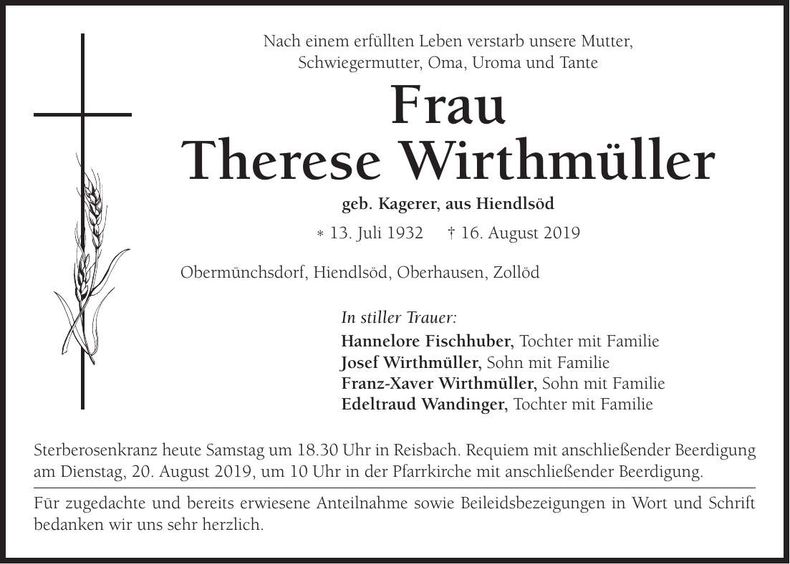Traueranzeige Therese Wirthmüller