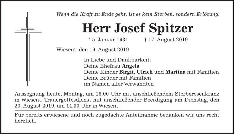 Traueranzeige Josef Spitzer