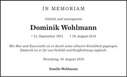 Traueranzeige Dominik Wohlmann
