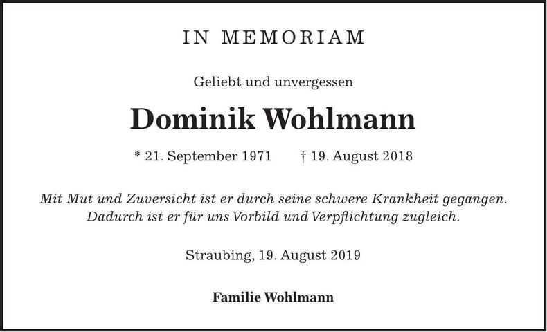 Traueranzeige Dominik Wohlmann