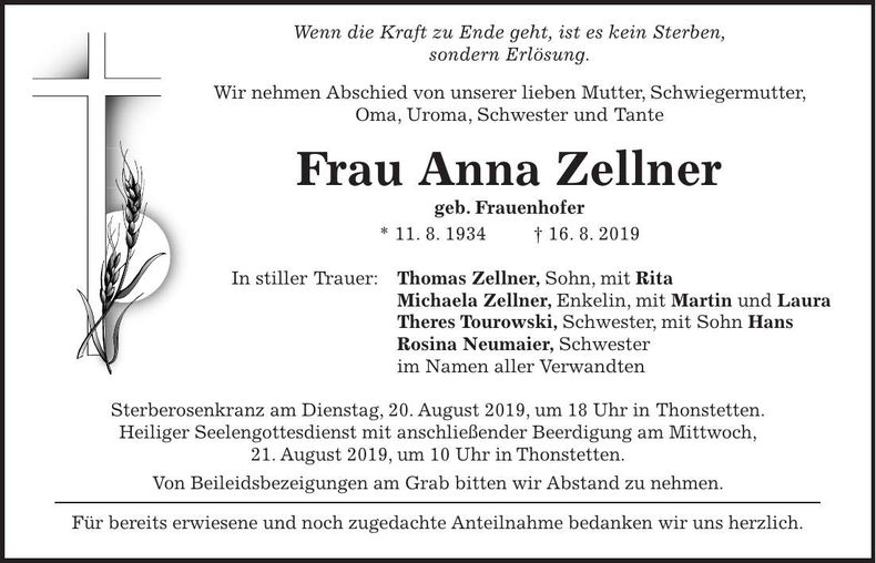Traueranzeige Anna Zellner