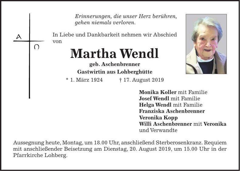 Traueranzeige Martha Wendl