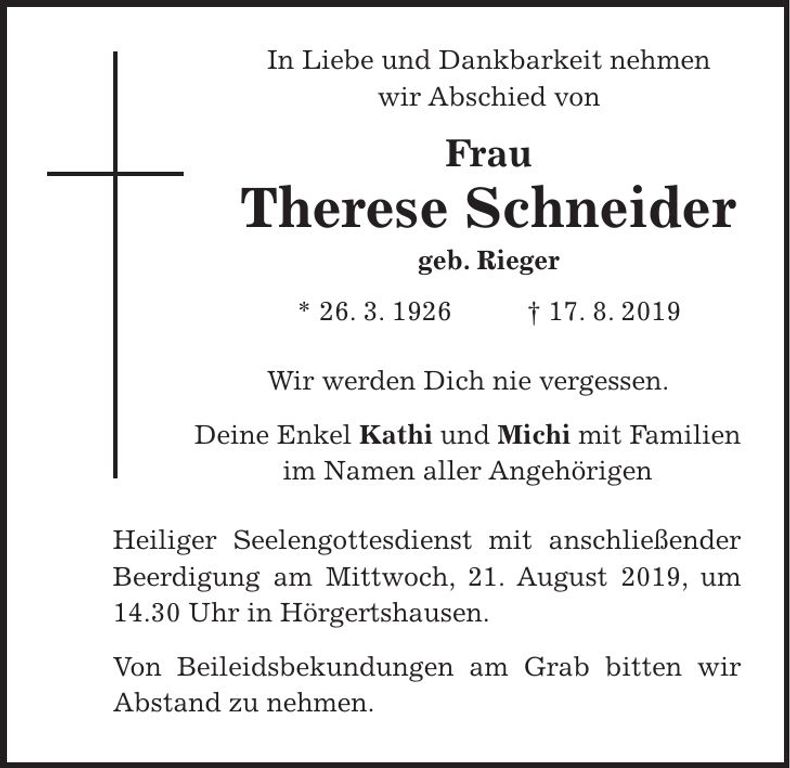 Traueranzeige Therese Schneider