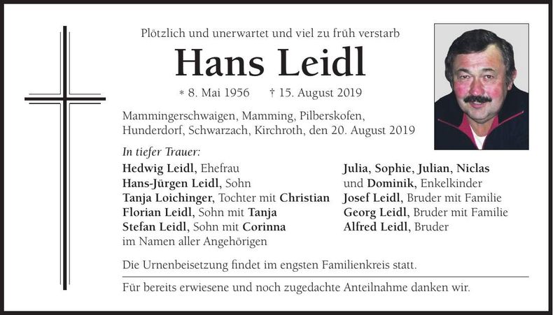 Traueranzeige Hans Leidl