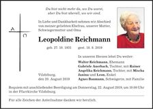 Traueranzeige Leopoldine Reichmann