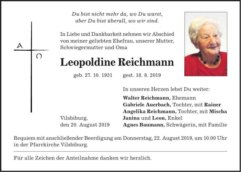 Traueranzeige Leopoldine Reichmann
