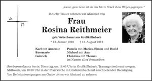 Traueranzeige Reithmeier Rosina