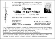 Traueranzeige Wilhelm Schreiner