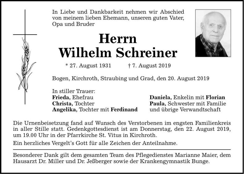 Traueranzeige Wilhelm Schreiner