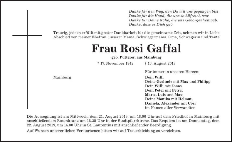 Traueranzeige Rosi Gaffal