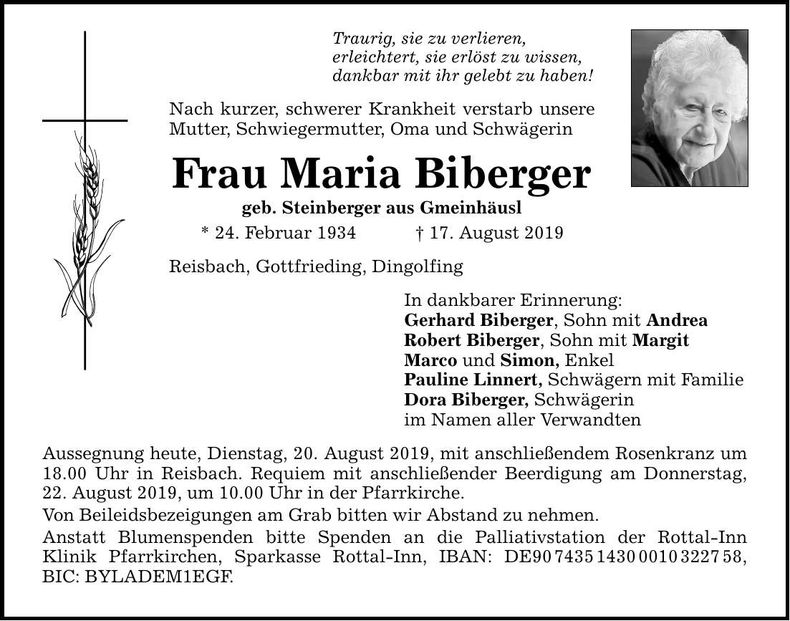 Traueranzeige Maria Biberger