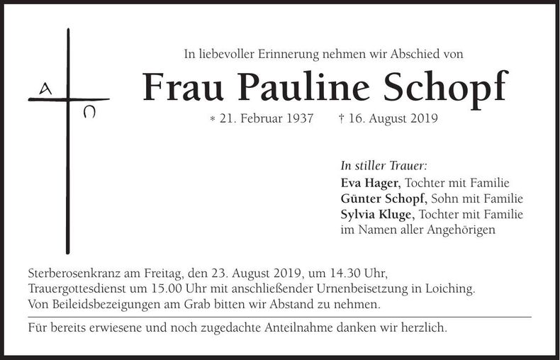 Traueranzeige Pauline Schopf