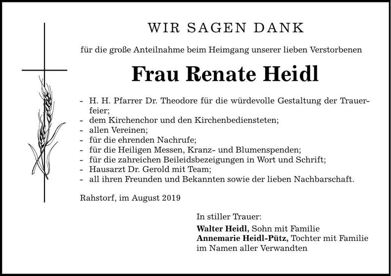 Traueranzeige Renate Heidl