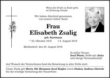 Traueranzeige Elisabeth Zsalig