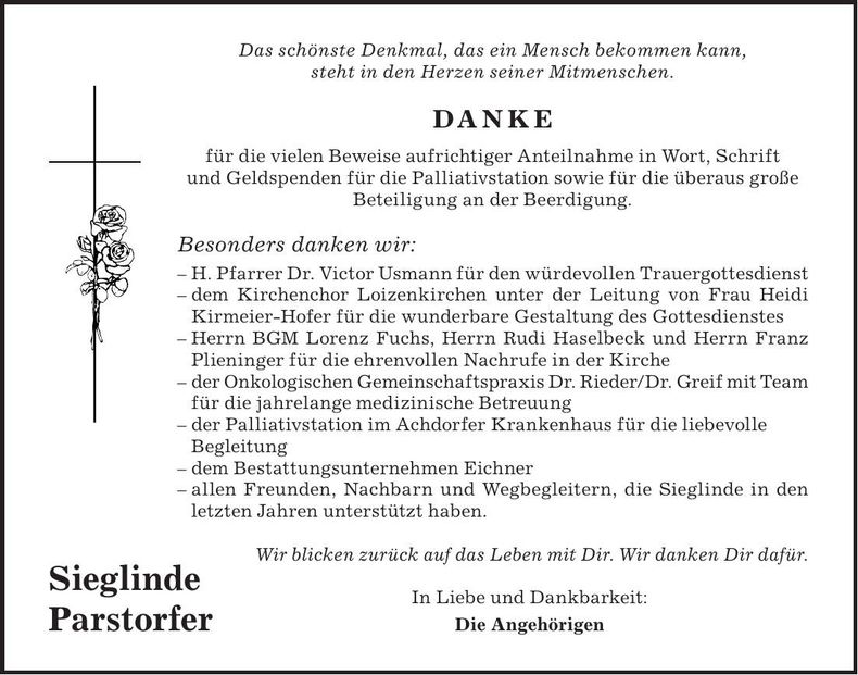 Traueranzeige Sieglinde Parstorfer