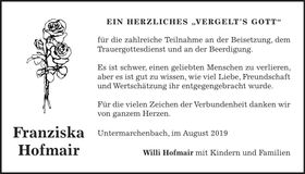 Traueranzeige Franziska Hofmair