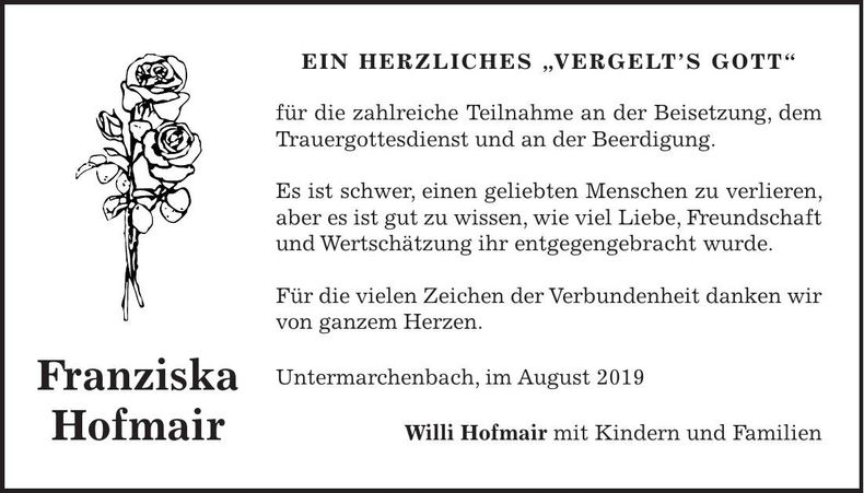 Traueranzeige Franziska Hofmair
