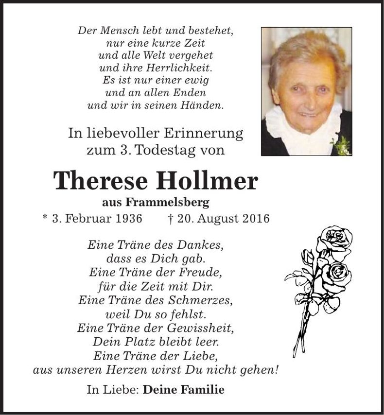 Traueranzeige Therese Hollmer