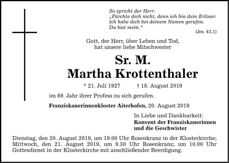 Traueranzeige Krottenthaler Martha