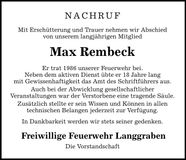 Traueranzeige Max Rembeck