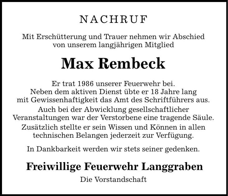 Traueranzeige Max Rembeck