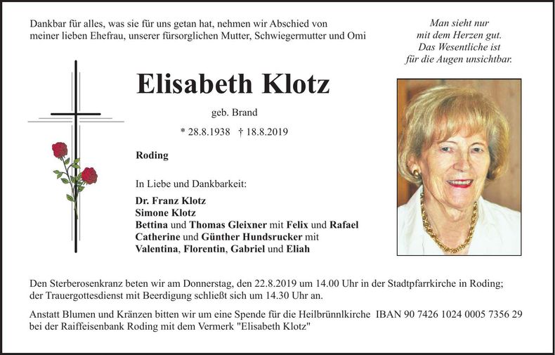 Traueranzeige Elisabeth Klotz