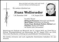 Traueranzeige Franz Wolferseder