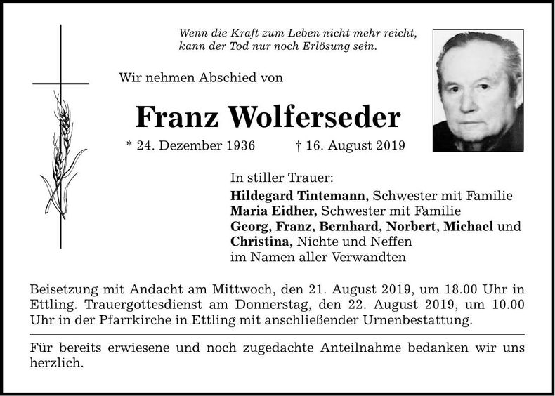 Traueranzeige Franz Wolferseder
