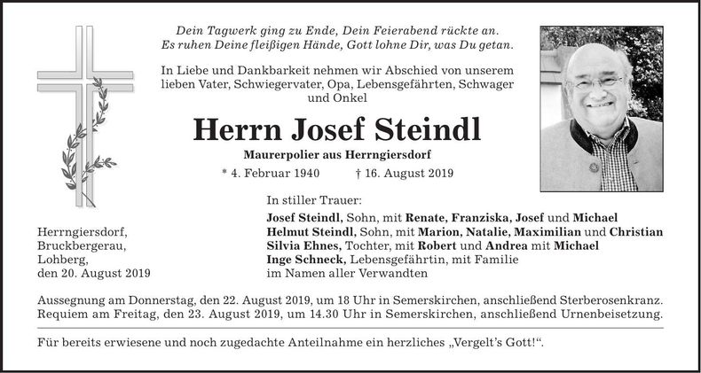Traueranzeige Josef Steindl