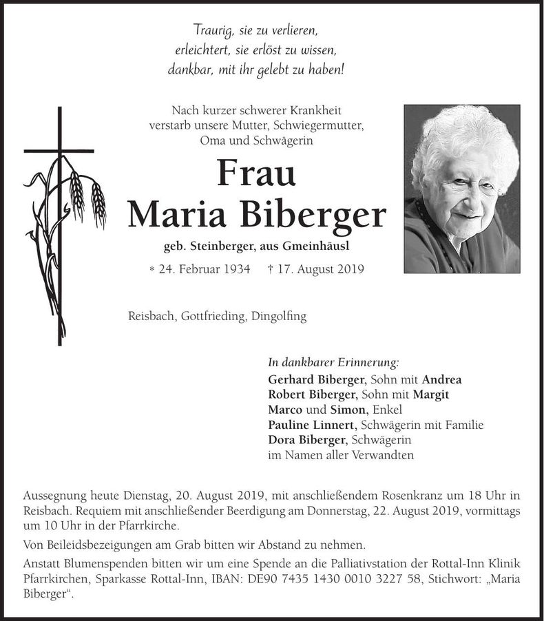 Traueranzeige Maria Biberger