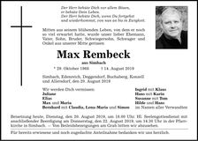 Traueranzeige Max Rembeck