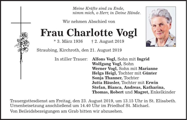 Traueranzeige Charlotte Vogl