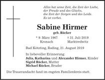 Traueranzeige Sabine Hirmer