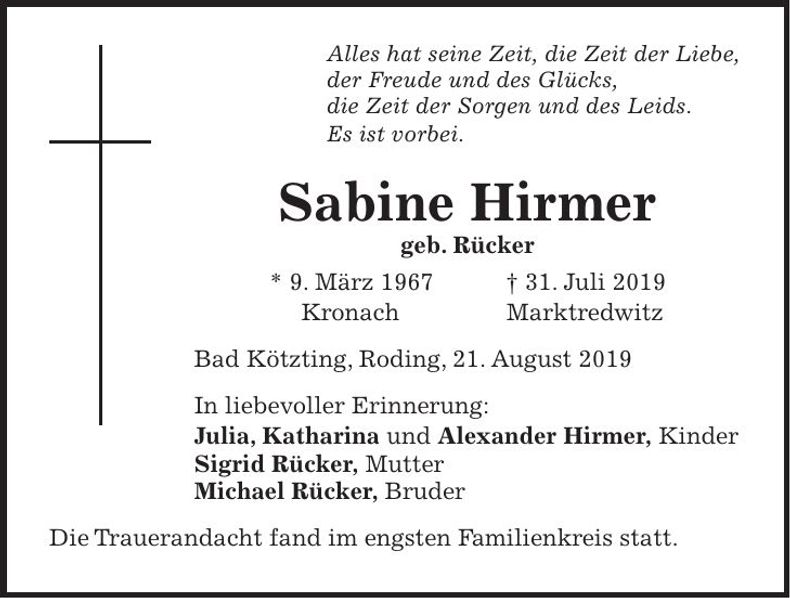 Traueranzeige Sabine Hirmer