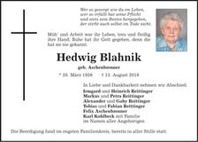 Traueranzeige Hedwig Blahnik
