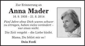 Traueranzeige Anna Mader
