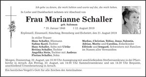 Traueranzeige Marianne Schaller