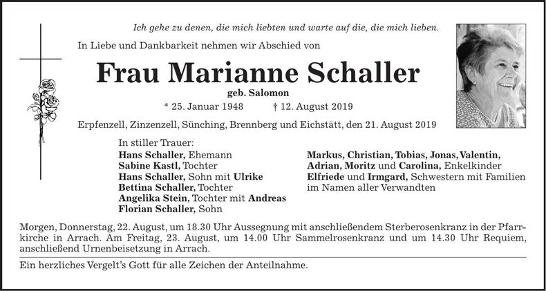 Traueranzeige Marianne Schaller