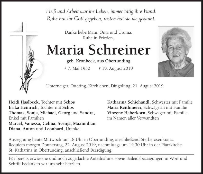 Traueranzeige Maria Schreiner