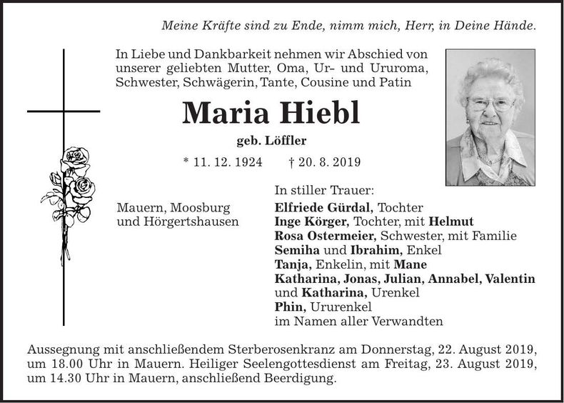 Traueranzeige Maria Hiebl