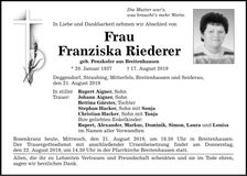 Traueranzeige Franziska Riederer