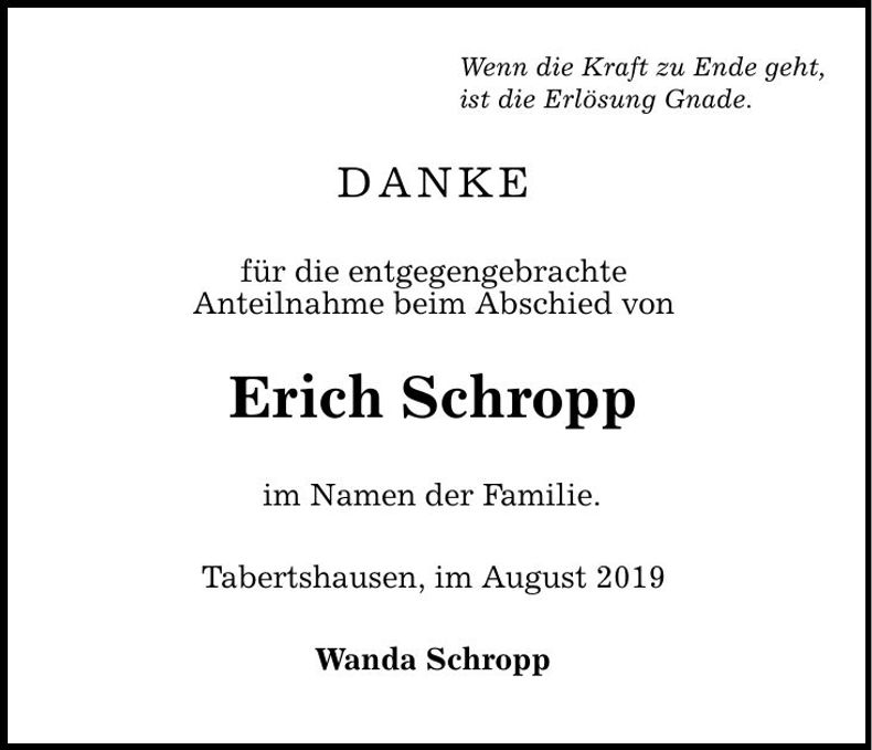 Traueranzeige Erich Schropp