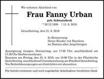 Traueranzeige Fanny Urban