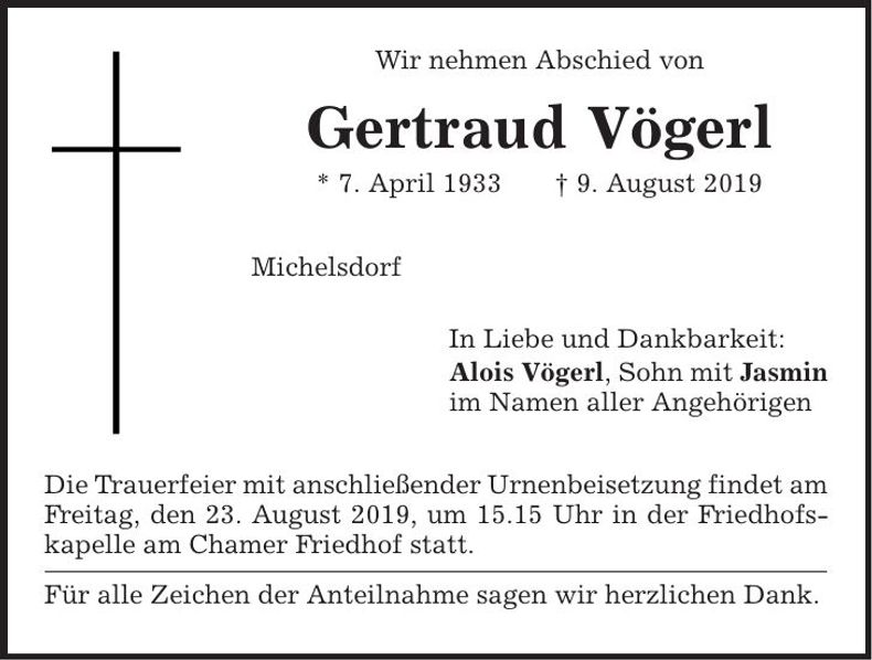 Traueranzeige Gertraud Vögerl