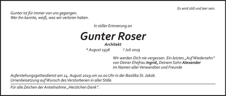 Traueranzeige Gunter Roser