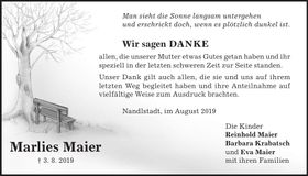 Traueranzeige Marlies Maier
