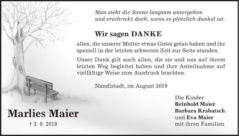 Traueranzeige Marlies Maier